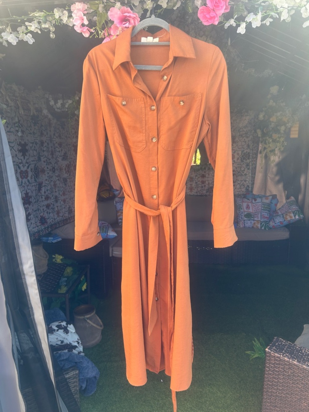 Rust Orange Button-Front Shirt Dress with Belt